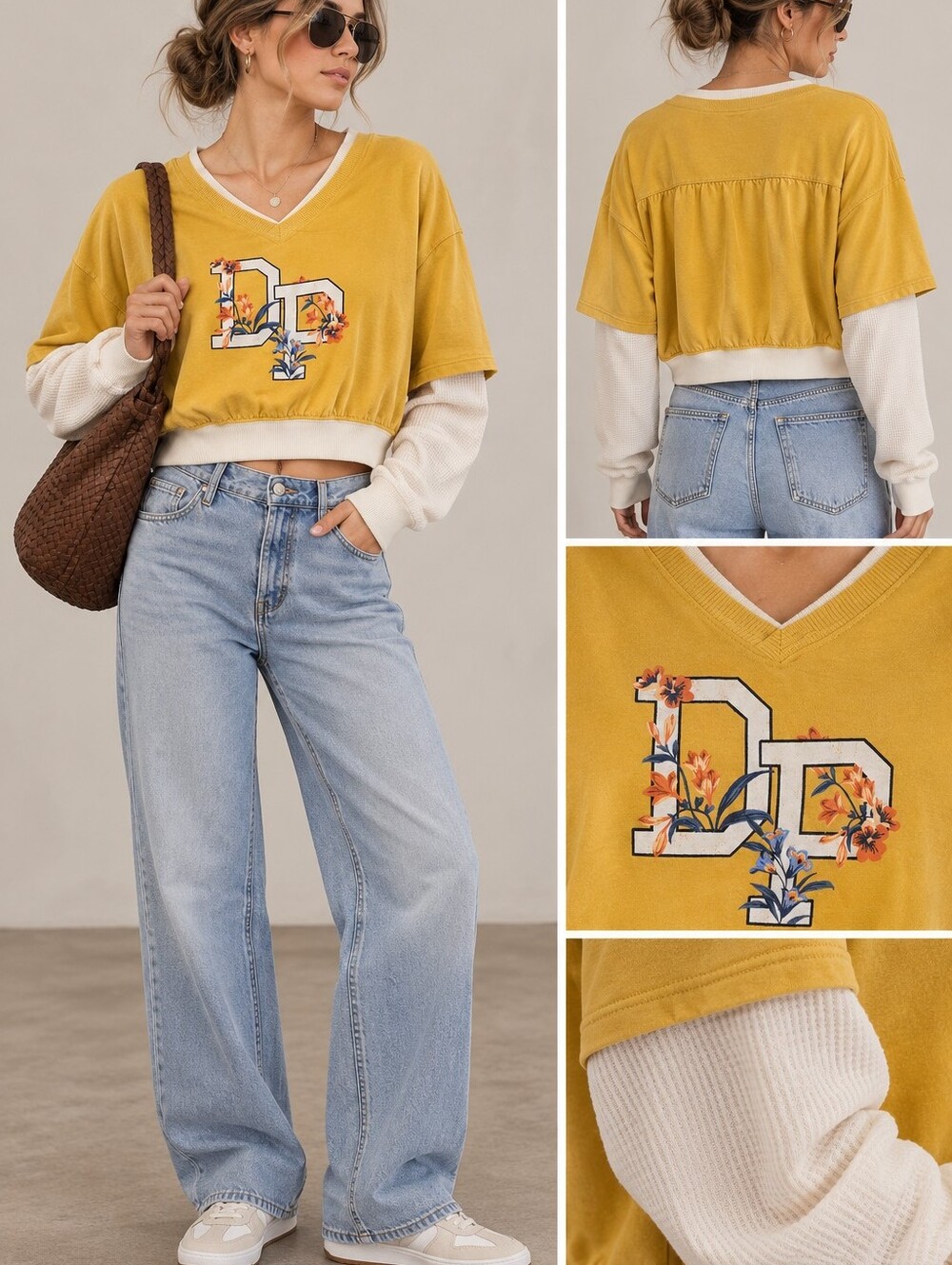 Daily Practice Women's Yellow Floral 'DP' V-Neck Pullover Sweatshirt, NWT, XL